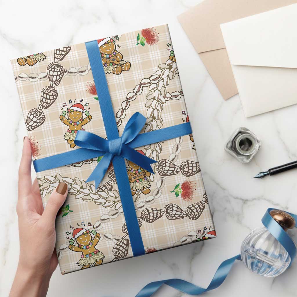 Beige Palaka Hawaii Mele Kalikimaka Wrapping Paper Ohia Lehua Shell Leis Funny Gingerbread Santa - Polynesian Pride