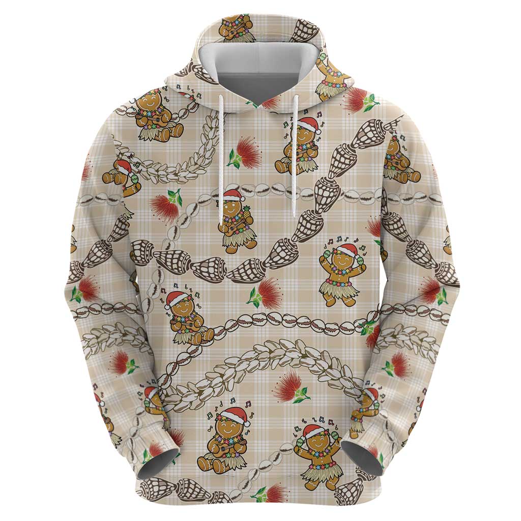 Beige Palaka Hawaii Mele Kalikimaka Zip Hoodie Ohia Lehua Shell Leis Funny Gingerbread Santa - Polynesian Pride