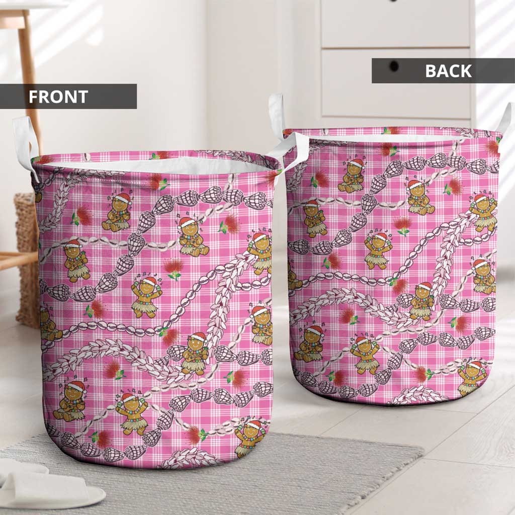 Pink Palaka Hawaii Mele Kalikimaka Laundry Basket Ohia Lehua Shell Leis Funny Gingerbread Santa - Polynesian Pride