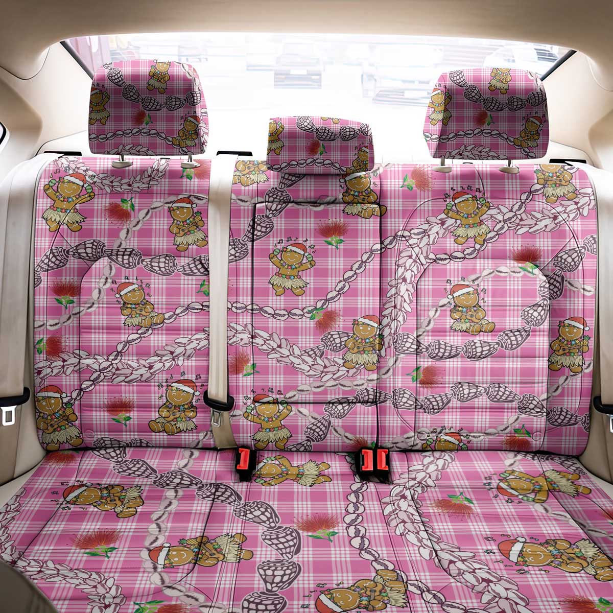 Pink Palaka Hawaii Mele Kalikimaka Back Car Seat Cover Ohia Lehua Shell Leis Funny Gingerbread Santa - Polynesian Pride