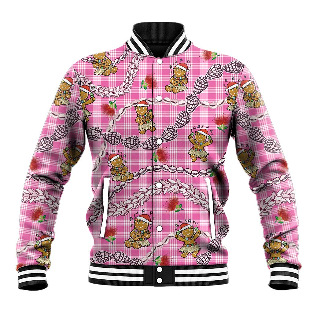 Pink Palaka Hawaii Mele Kalikimaka Baseball Jacket Ohia Lehua Shell Leis Funny Gingerbread Santa - Polynesian Pride