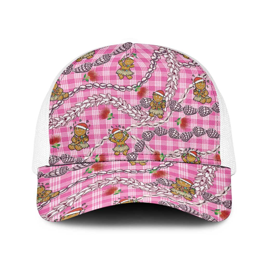 Pink Palaka Hawaii Mele Kalikimaka Baseball Net Cap Ohia Lehua Shell Leis Funny Gingerbread Santa - Polynesian Pride
