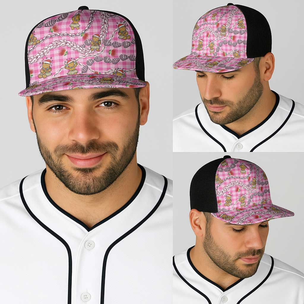 Pink Palaka Hawaii Mele Kalikimaka Baseball Net Cap Ohia Lehua Shell Leis Funny Gingerbread Santa - Polynesian Pride