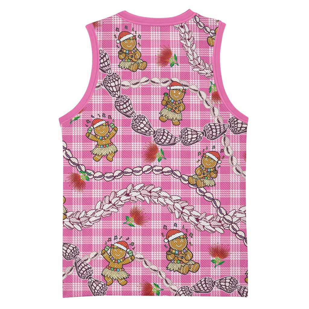 Pink Palaka Hawaii Mele Kalikimaka Basketball Jersey Ohia Lehua Shell Leis Funny Gingerbread Santa - Polynesian Pride