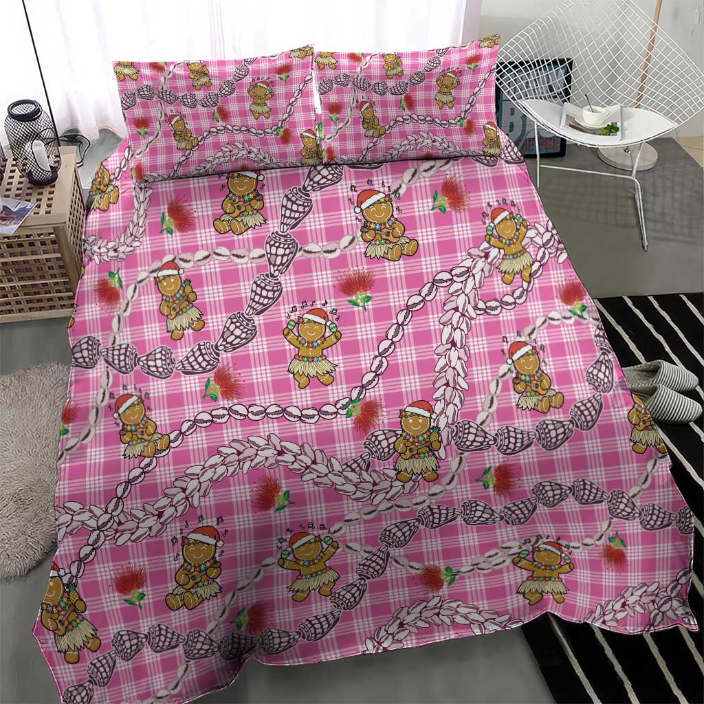Pink Palaka Hawaii Mele Kalikimaka Bedding Set Ohia Lehua Shell Leis Funny Gingerbread Santa - Polynesian Pride