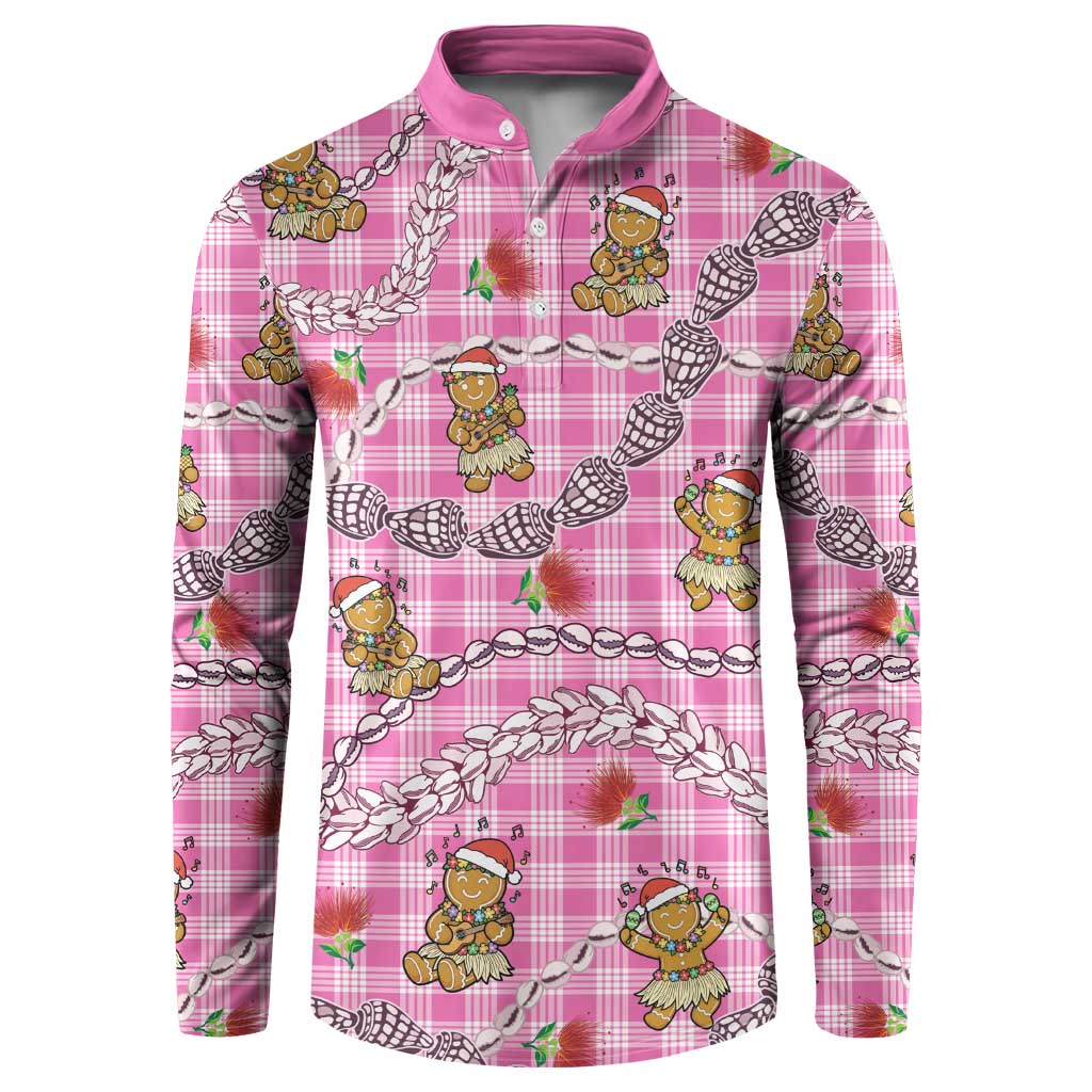 Pink Palaka Hawaii Mele Kalikimaka Button Sweatshirt Ohia Lehua Shell Leis Funny Gingerbread Santa - Polynesian Pride