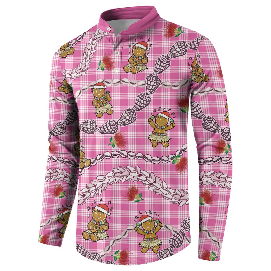 Pink Palaka Hawaii Mele Kalikimaka Button Sweatshirt Ohia Lehua Shell Leis Funny Gingerbread Santa - Polynesian Pride