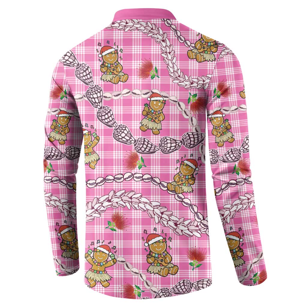 Pink Palaka Hawaii Mele Kalikimaka Button Sweatshirt Ohia Lehua Shell Leis Funny Gingerbread Santa - Polynesian Pride