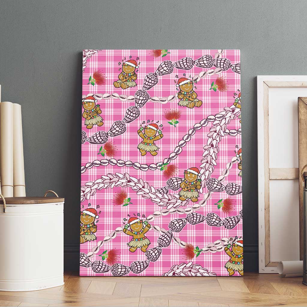 Pink Palaka Hawaii Mele Kalikimaka Canvas Wall Art Ohia Lehua Shell Leis Funny Gingerbread Santa - Polynesian Pride