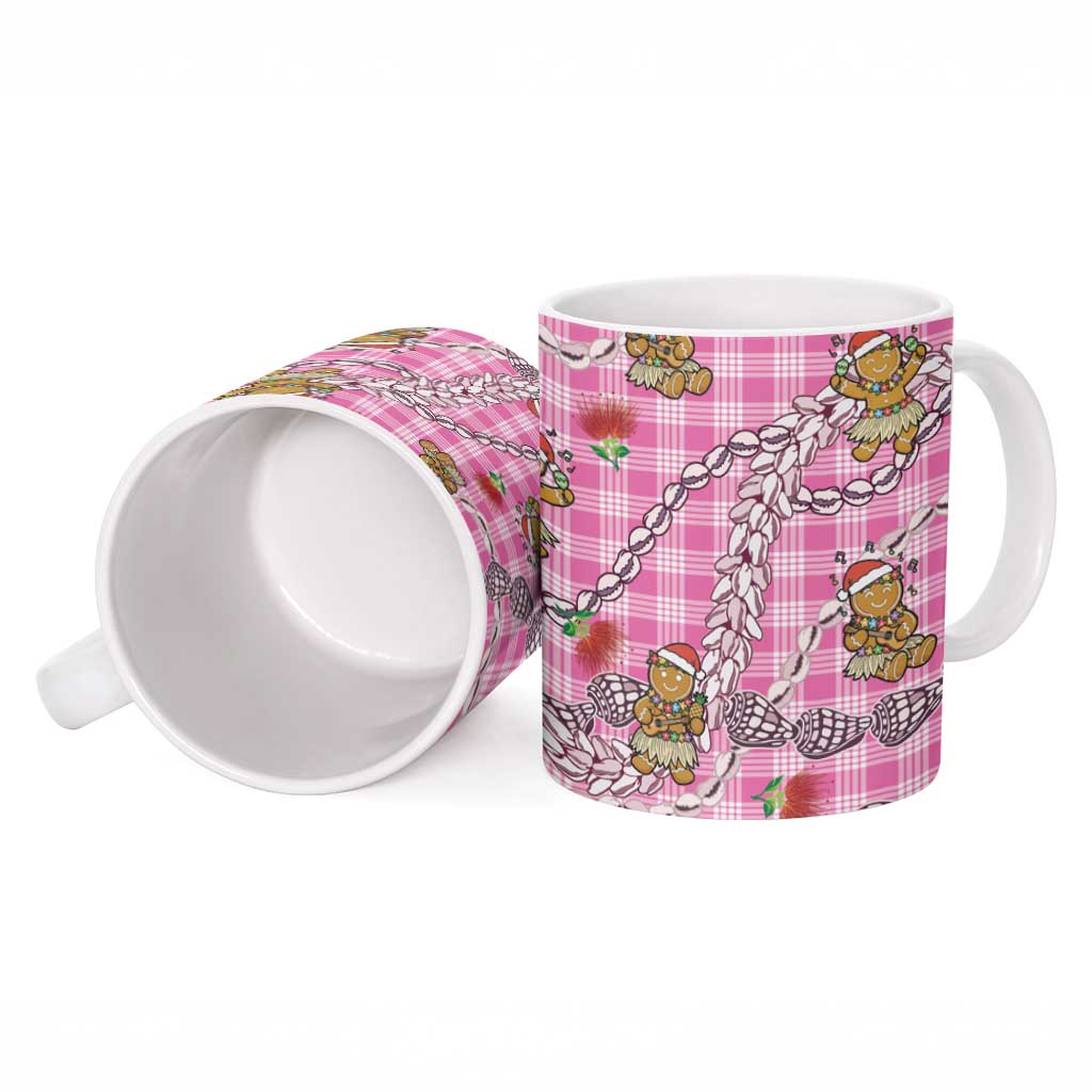 Pink Palaka Hawaii Mele Kalikimaka Ceramic Mug Ohia Lehua Shell Leis Funny Gingerbread Santa - Polynesian Pride