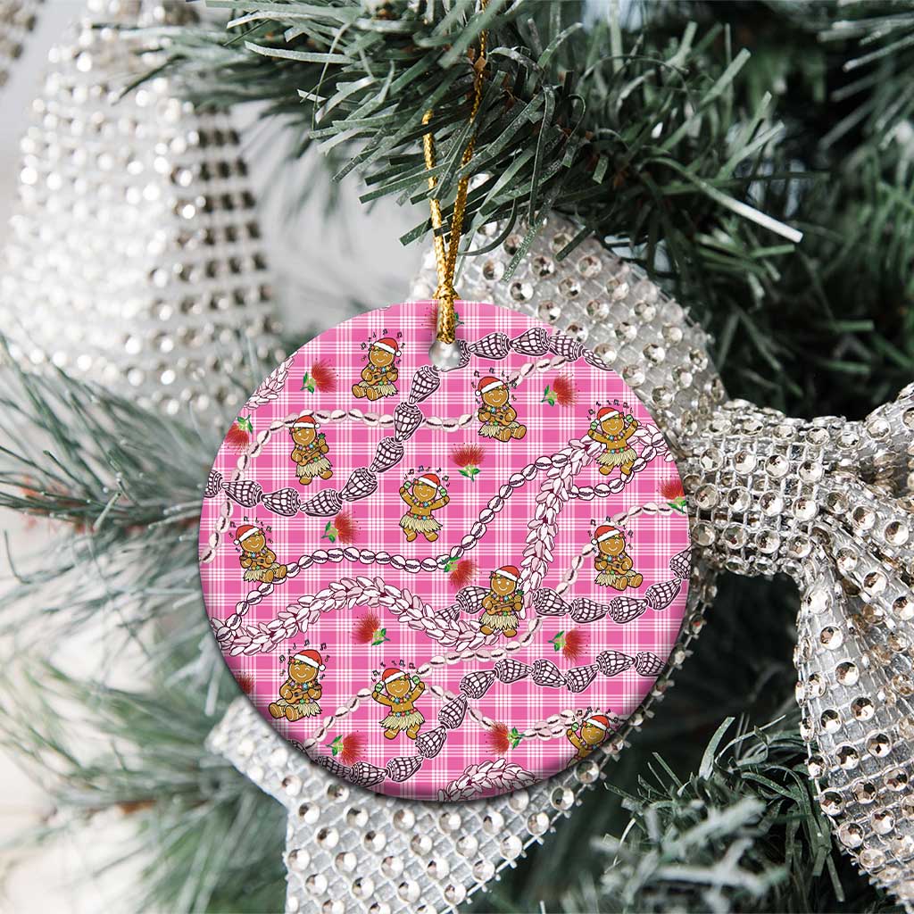 Pink Palaka Hawaii Mele Kalikimaka Ceramic Ornament Ohia Lehua Shell Leis Funny Gingerbread Santa - Polynesian Pride