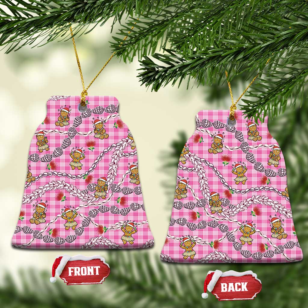 Pink Palaka Hawaii Mele Kalikimaka Ceramic Ornament Ohia Lehua Shell Leis Funny Gingerbread Santa - Polynesian Pride