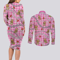 Pink Palaka Hawaii Mele Kalikimaka Couples Matching Long Sleeve Bodycon Dress and Long Sleeve Button Shirt Ohia Lehua Shell Leis Funny Gingerbread Santa - Polynesian Pride