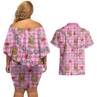 Pink Palaka Hawaii Mele Kalikimaka Couples Matching Off Shoulder Short Dress and Hawaiian Shirt Ohia Lehua Shell Leis Funny Gingerbread Santa - Polynesian Pride