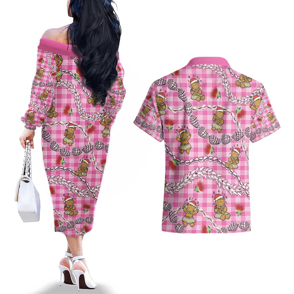 Pink Palaka Hawaii Mele Kalikimaka Couples Matching Off The Shoulder Long Sleeve Dress and Hawaiian Shirt Ohia Lehua Shell Leis Funny Gingerbread Santa - Polynesian Pride