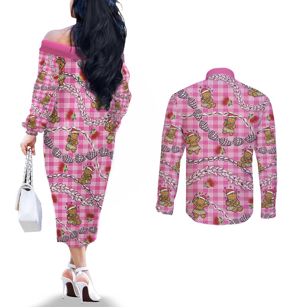 Pink Palaka Hawaii Mele Kalikimaka Couples Matching Off The Shoulder Long Sleeve Dress and Long Sleeve Button Shirt Ohia Lehua Shell Leis Funny Gingerbread Santa - Polynesian Pride