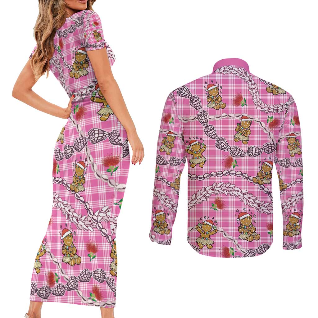 Pink Palaka Hawaii Mele Kalikimaka Couples Matching Short Sleeve Bodycon Dress and Long Sleeve Button Shirt Ohia Lehua Shell Leis Funny Gingerbread Santa - Polynesian Pride