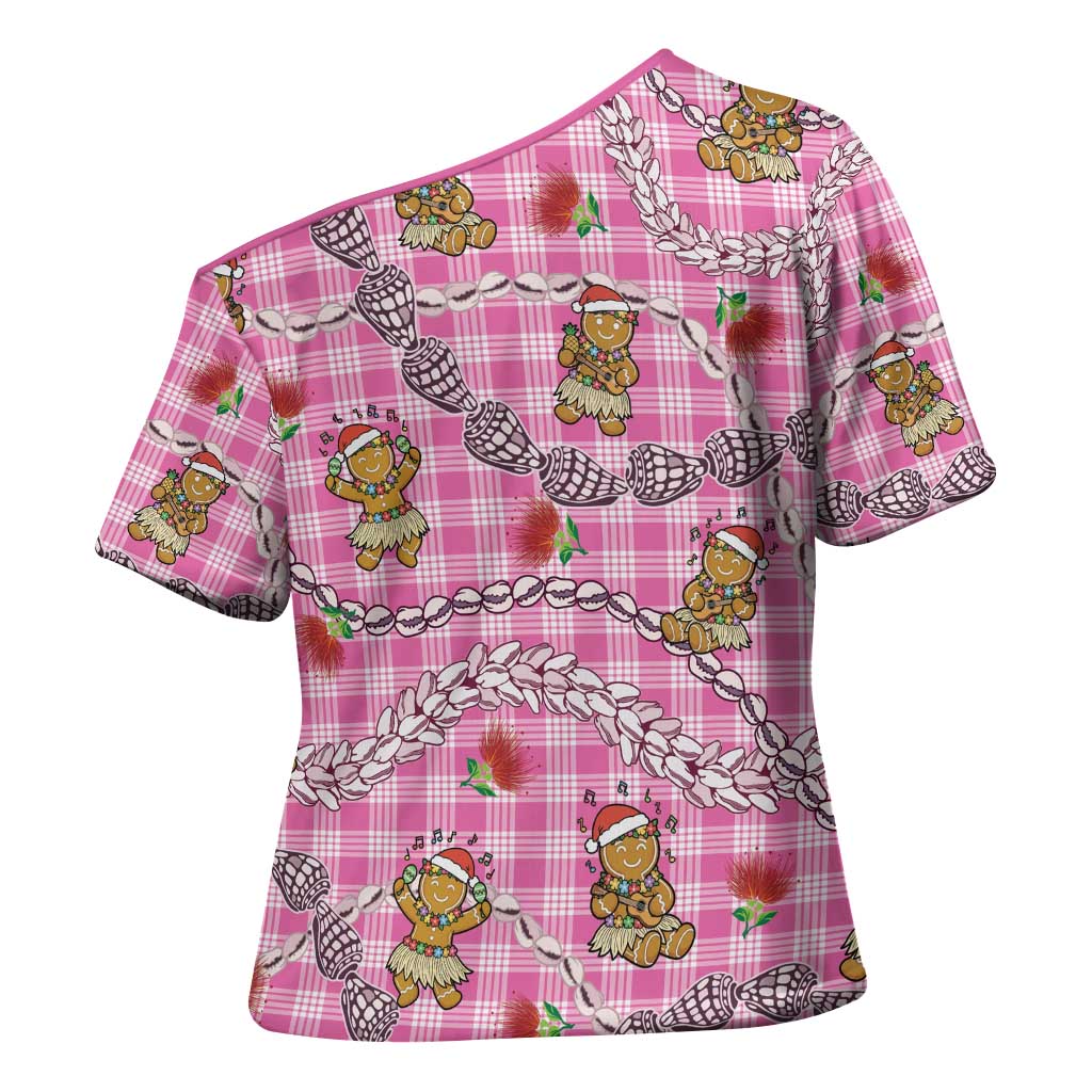 Pink Palaka Hawaii Mele Kalikimaka Cross Shoulder Shirt Ohia Lehua Shell Leis Funny Gingerbread Santa - Polynesian Pride