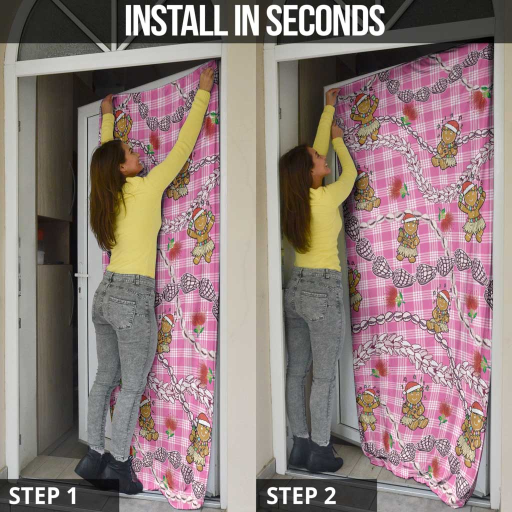 Pink Palaka Hawaii Mele Kalikimaka Door Cover Ohia Lehua Shell Leis Funny Gingerbread Santa - Polynesian Pride