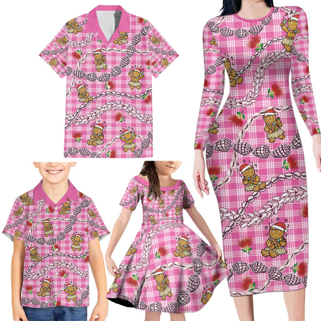 Pink Palaka Hawaii Mele Kalikimaka Family Matching Long Sleeve Bodycon Dress and Hawaiian Shirt Ohia Lehua Shell Leis Funny Gingerbread Santa - Polynesian Pride