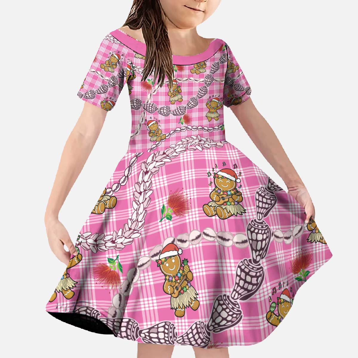 Pink Palaka Hawaii Mele Kalikimaka Family Matching Off The Shoulder Long Sleeve Dress and Hawaiian Shirt Ohia Lehua Shell Leis Funny Gingerbread Santa - Polynesian Pride