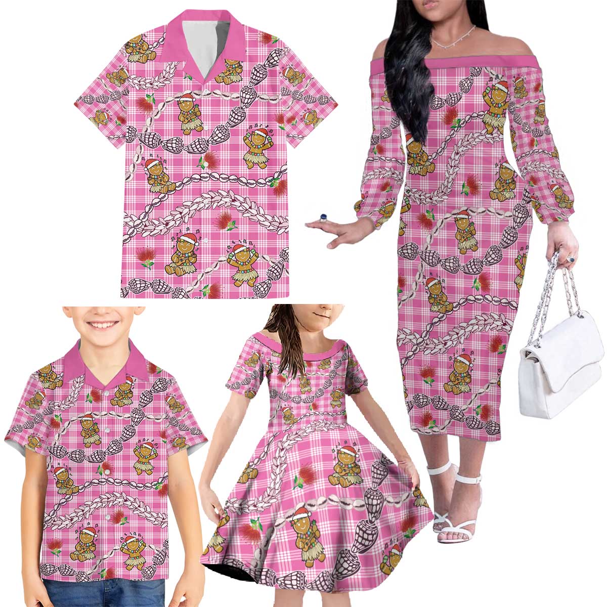Pink Palaka Hawaii Mele Kalikimaka Family Matching Off The Shoulder Long Sleeve Dress and Hawaiian Shirt Ohia Lehua Shell Leis Funny Gingerbread Santa - Polynesian Pride