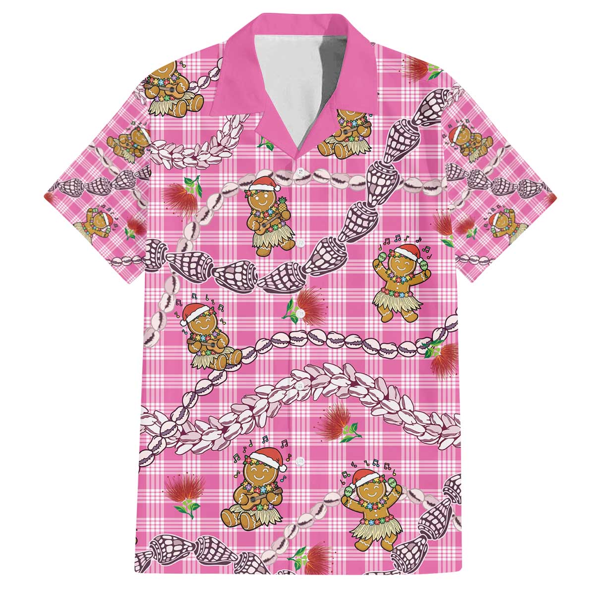 Pink Palaka Hawaii Mele Kalikimaka Family Matching Off The Shoulder Long Sleeve Dress and Hawaiian Shirt Ohia Lehua Shell Leis Funny Gingerbread Santa - Polynesian Pride