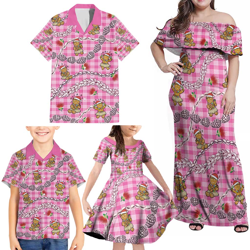 Pink Palaka Hawaii Mele Kalikimaka Family Matching Off Shoulder Maxi Dress and Hawaiian Shirt Ohia Lehua Shell Leis Funny Gingerbread Santa - Polynesian Pride