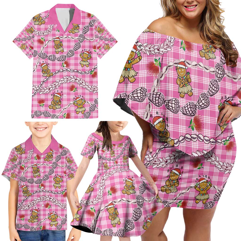 Pink Palaka Hawaii Mele Kalikimaka Family Matching Off Shoulder Short Dress and Hawaiian Shirt Ohia Lehua Shell Leis Funny Gingerbread Santa - Polynesian Pride
