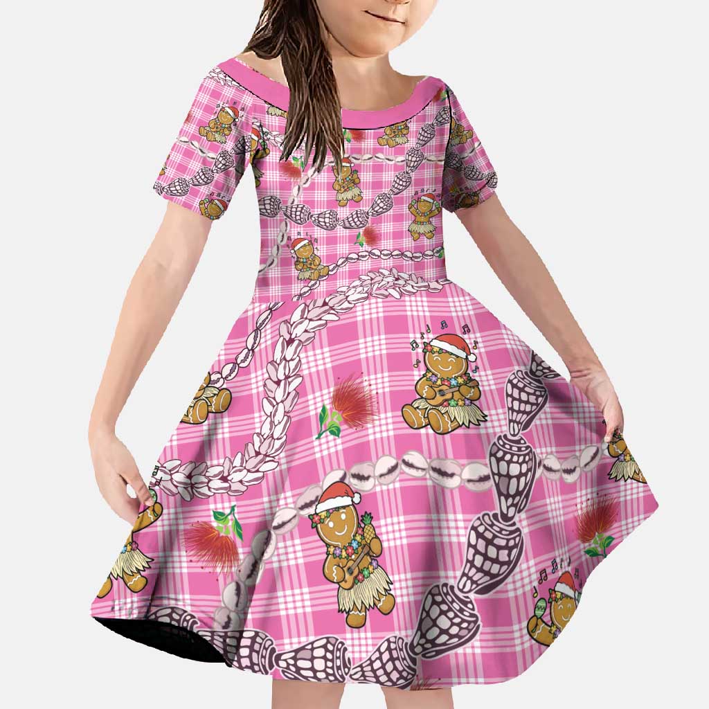 Pink Palaka Hawaii Mele Kalikimaka Family Matching Tank Maxi Dress and Hawaiian Shirt Ohia Lehua Shell Leis Funny Gingerbread Santa - Polynesian Pride