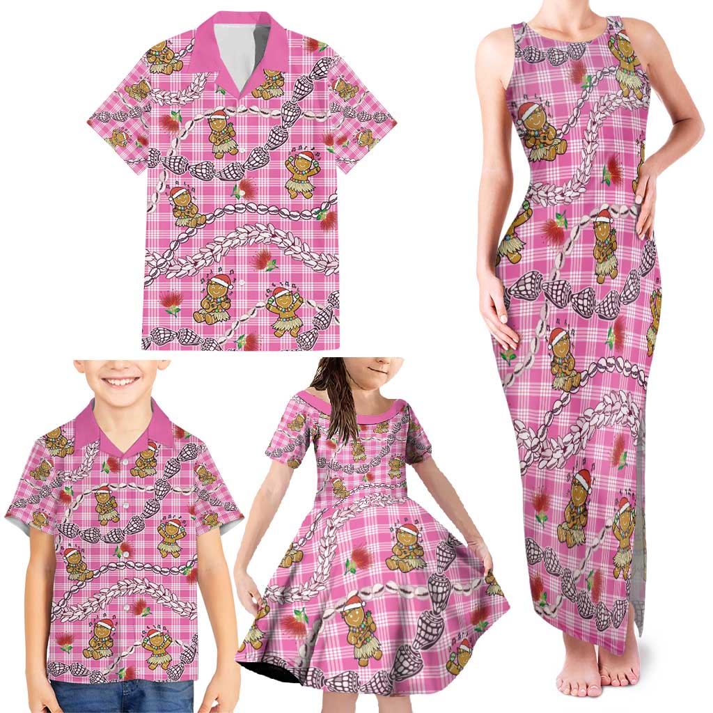 Pink Palaka Hawaii Mele Kalikimaka Family Matching Tank Maxi Dress and Hawaiian Shirt Ohia Lehua Shell Leis Funny Gingerbread Santa - Polynesian Pride