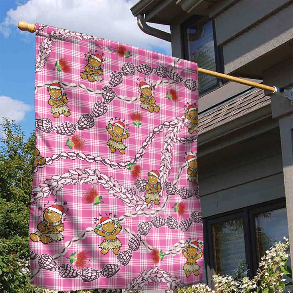 Pink Palaka Hawaii Mele Kalikimaka Garden Flag Ohia Lehua Shell Leis Funny Gingerbread Santa - Polynesian Pride