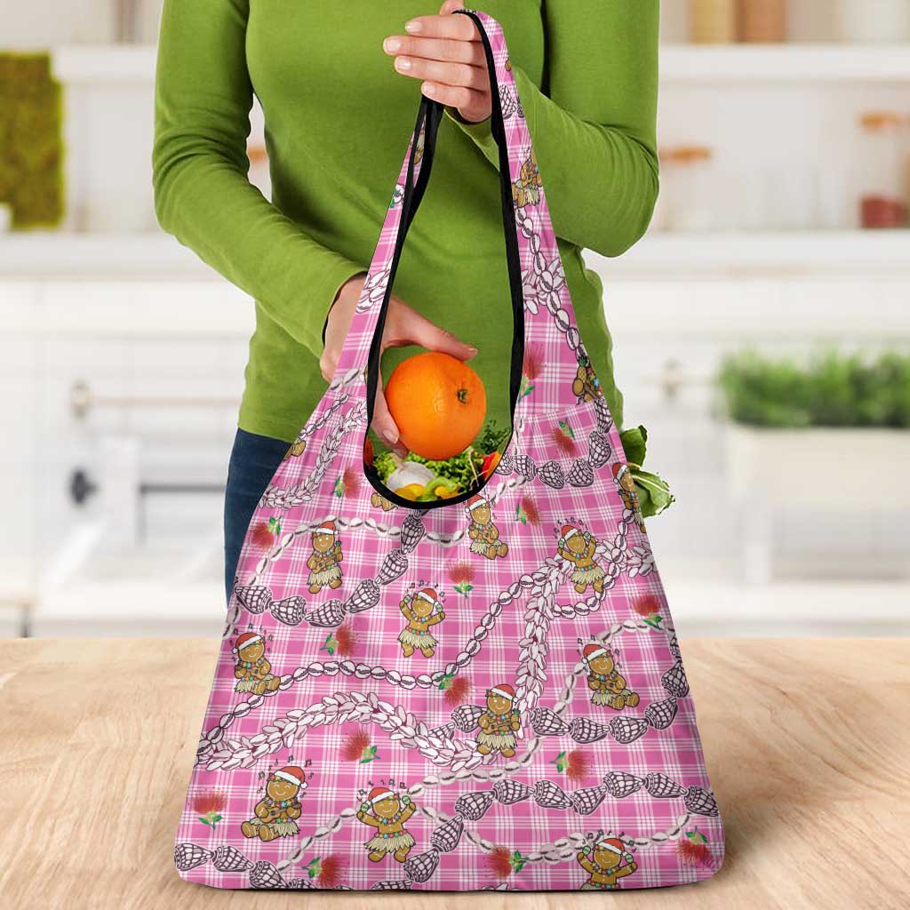 Pink Palaka Hawaii Mele Kalikimaka Grocery Bag Ohia Lehua Shell Leis Funny Gingerbread Santa - Polynesian Pride