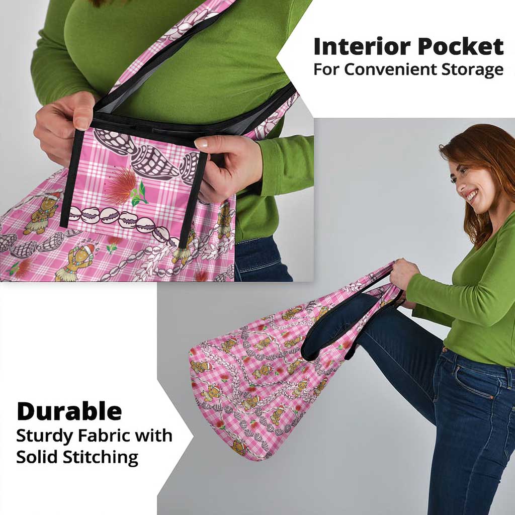 Pink Palaka Hawaii Mele Kalikimaka Grocery Bag Ohia Lehua Shell Leis Funny Gingerbread Santa - Polynesian Pride