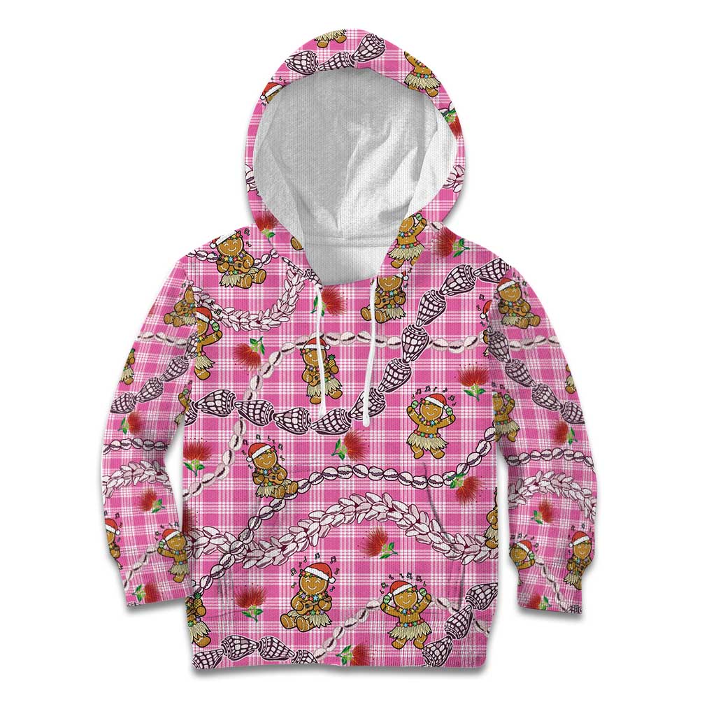 Pink Palaka Hawaii Mele Kalikimaka Kid Hoodie Ohia Lehua Shell Leis Funny Gingerbread Santa - Polynesian Pride