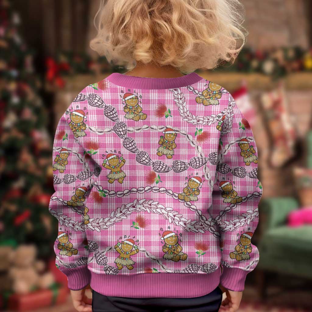 Pink Palaka Hawaii Mele Kalikimaka Kid Ugly Christmas Sweater Ohia Lehua Shell Leis Funny Gingerbread Santa - Polynesian Pride