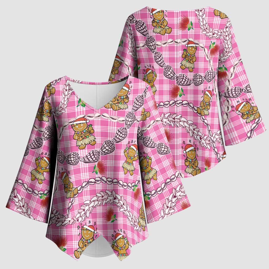 Pink Palaka Hawaii Mele Kalikimaka Kimono Sleeve Blouse Ohia Lehua Shell Leis Funny Gingerbread Santa - Polynesian Pride