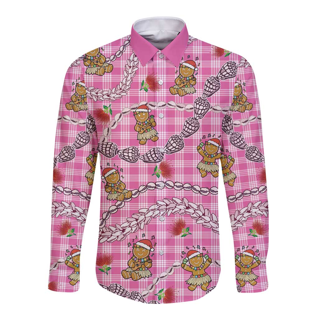 Pink Palaka Hawaii Mele Kalikimaka Long Sleeve Button Shirt Ohia Lehua Shell Leis Funny Gingerbread Santa - Polynesian Pride