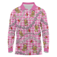 Pink Palaka Hawaii Mele Kalikimaka Long Sleeve Polo Shirt Ohia Lehua Shell Leis Funny Gingerbread Santa - Polynesian Pride