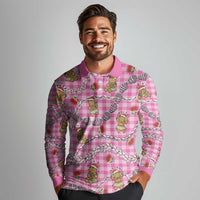 Pink Palaka Hawaii Mele Kalikimaka Long Sleeve Polo Shirt Ohia Lehua Shell Leis Funny Gingerbread Santa - Polynesian Pride