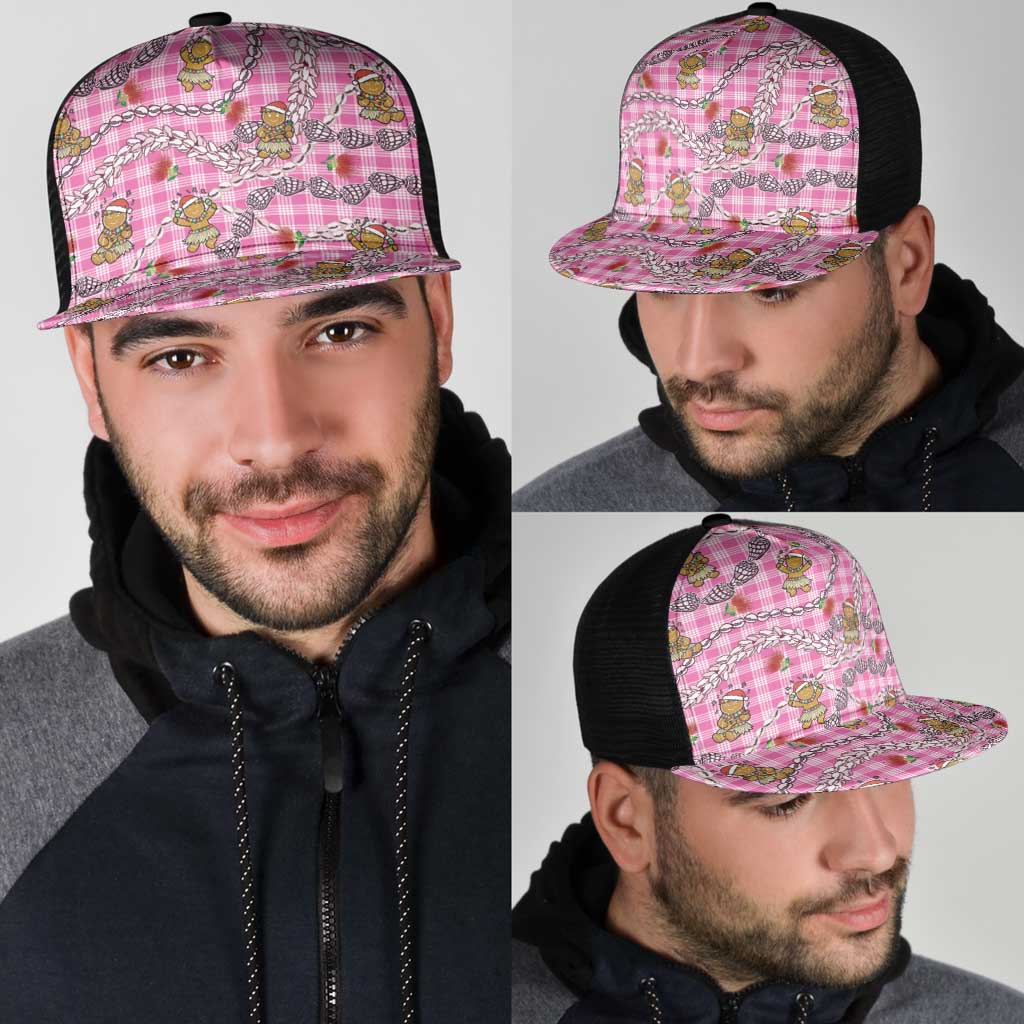 Pink Palaka Hawaii Mele Kalikimaka Mesh Trucker Cap Ohia Lehua Shell Leis Funny Gingerbread Santa - Polynesian Pride