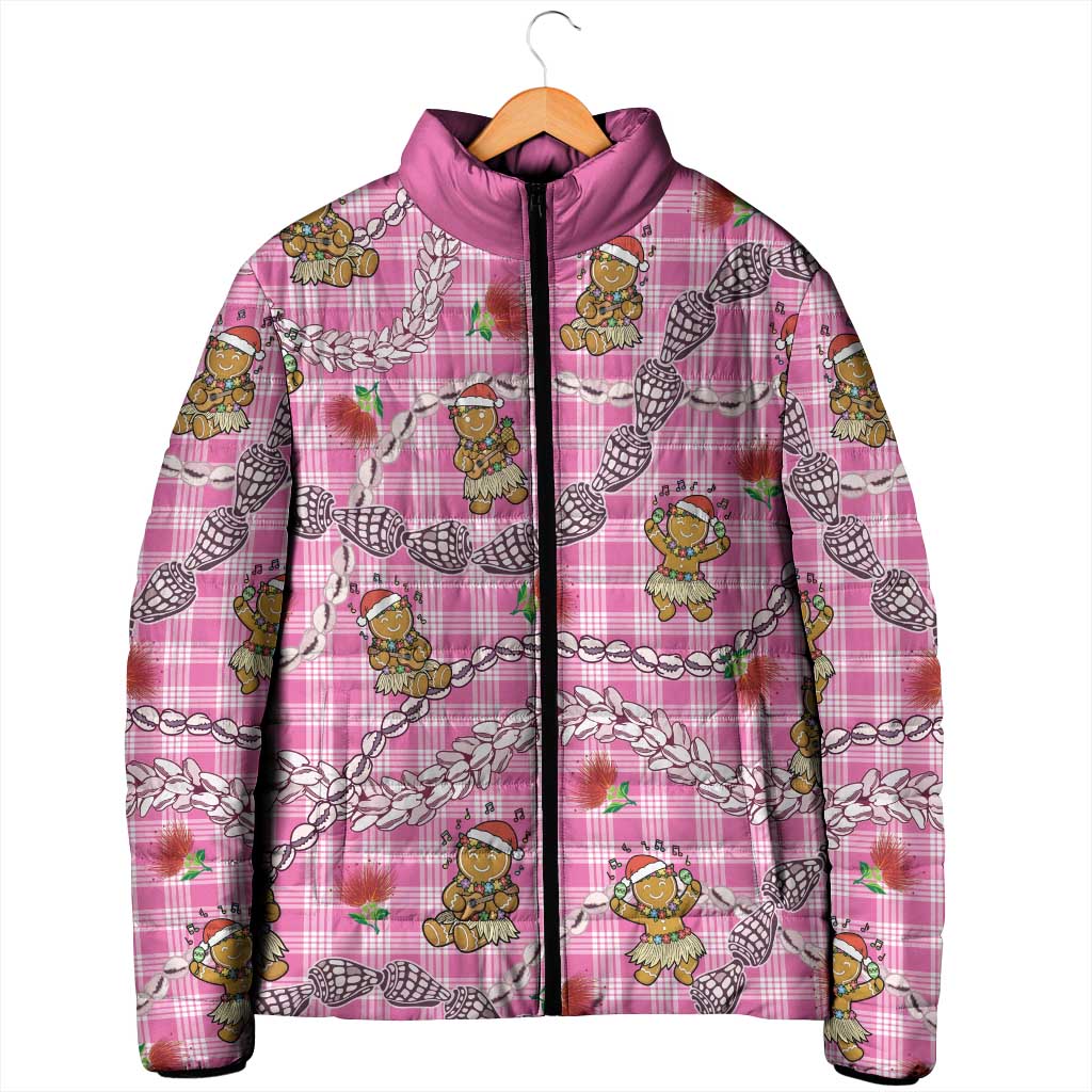 Pink Palaka Hawaii Mele Kalikimaka Padded Jacket Ohia Lehua Shell Leis Funny Gingerbread Santa - Polynesian Pride