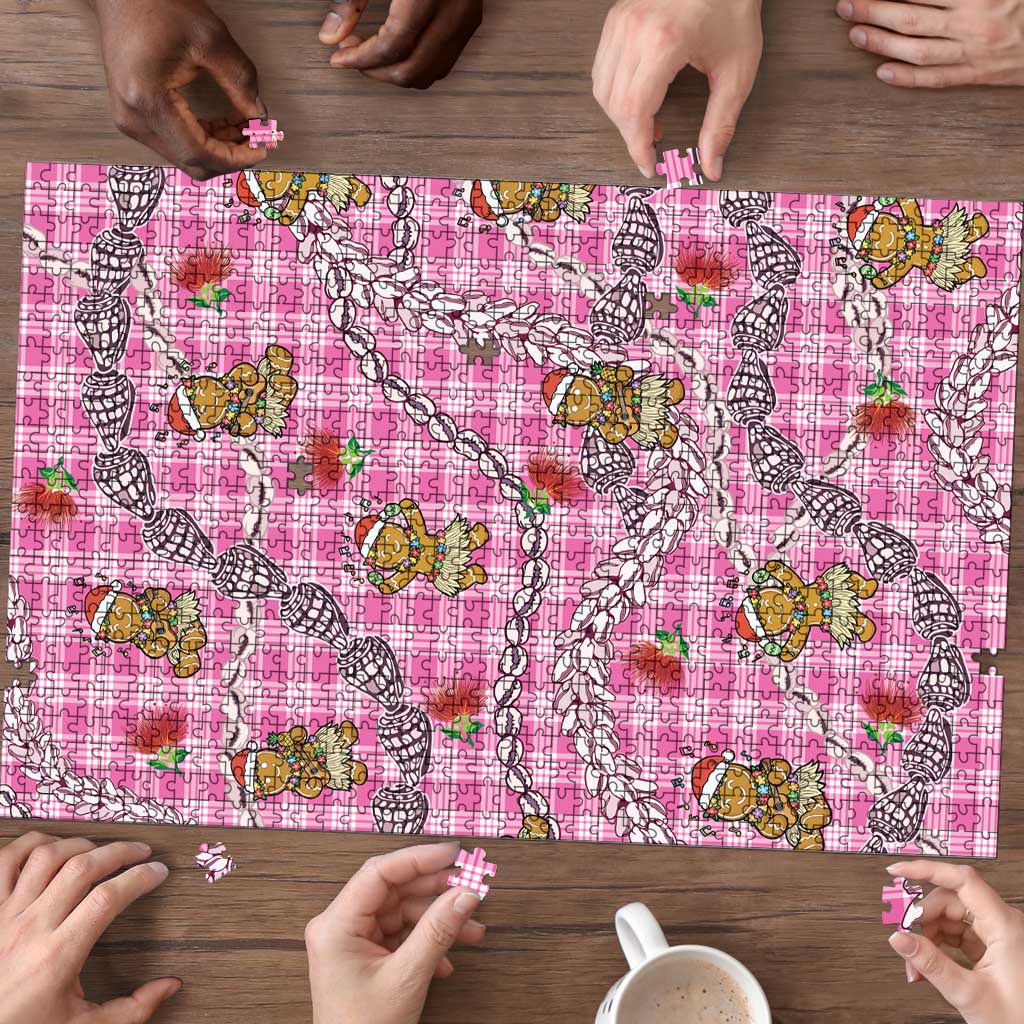 Pink Palaka Hawaii Mele Kalikimaka Puzzle Ohia Lehua Shell Leis Funny Gingerbread Santa - Polynesian Pride