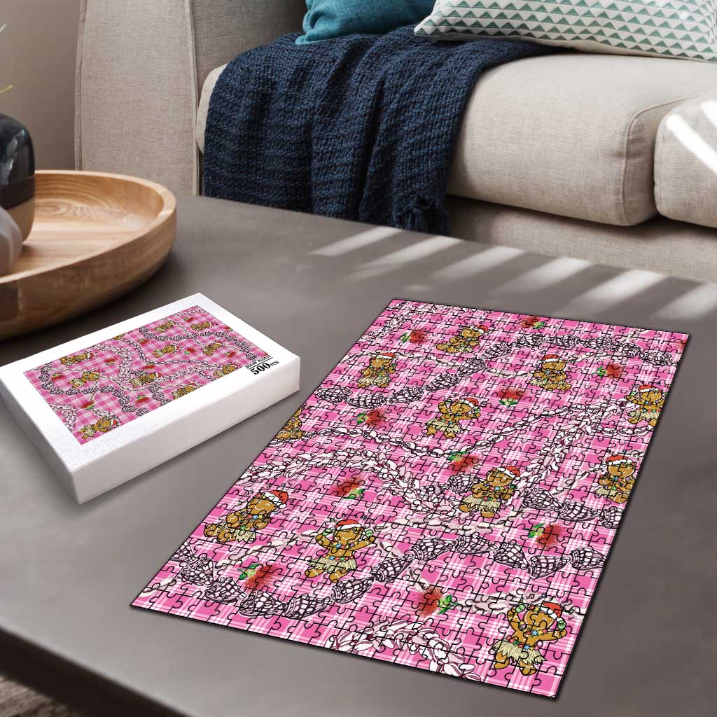 Pink Palaka Hawaii Mele Kalikimaka Puzzle Ohia Lehua Shell Leis Funny Gingerbread Santa - Polynesian Pride