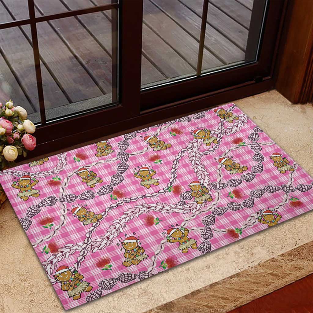 Pink Palaka Hawaii Mele Kalikimaka Rubber Doormat Ohia Lehua Shell Leis Funny Gingerbread Santa - Polynesian Pride