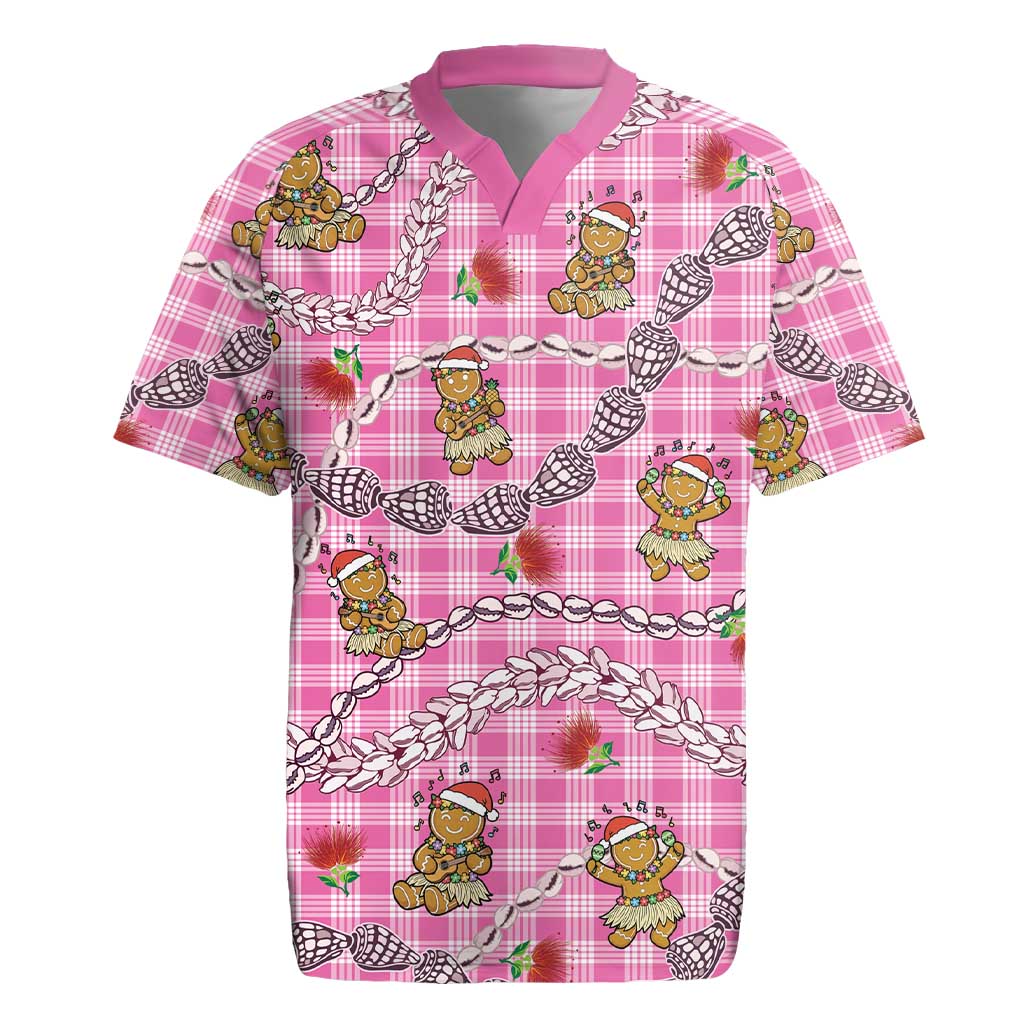Pink Palaka Hawaii Mele Kalikimaka Rugby Jersey Ohia Lehua Shell Leis Funny Gingerbread Santa - Polynesian Pride