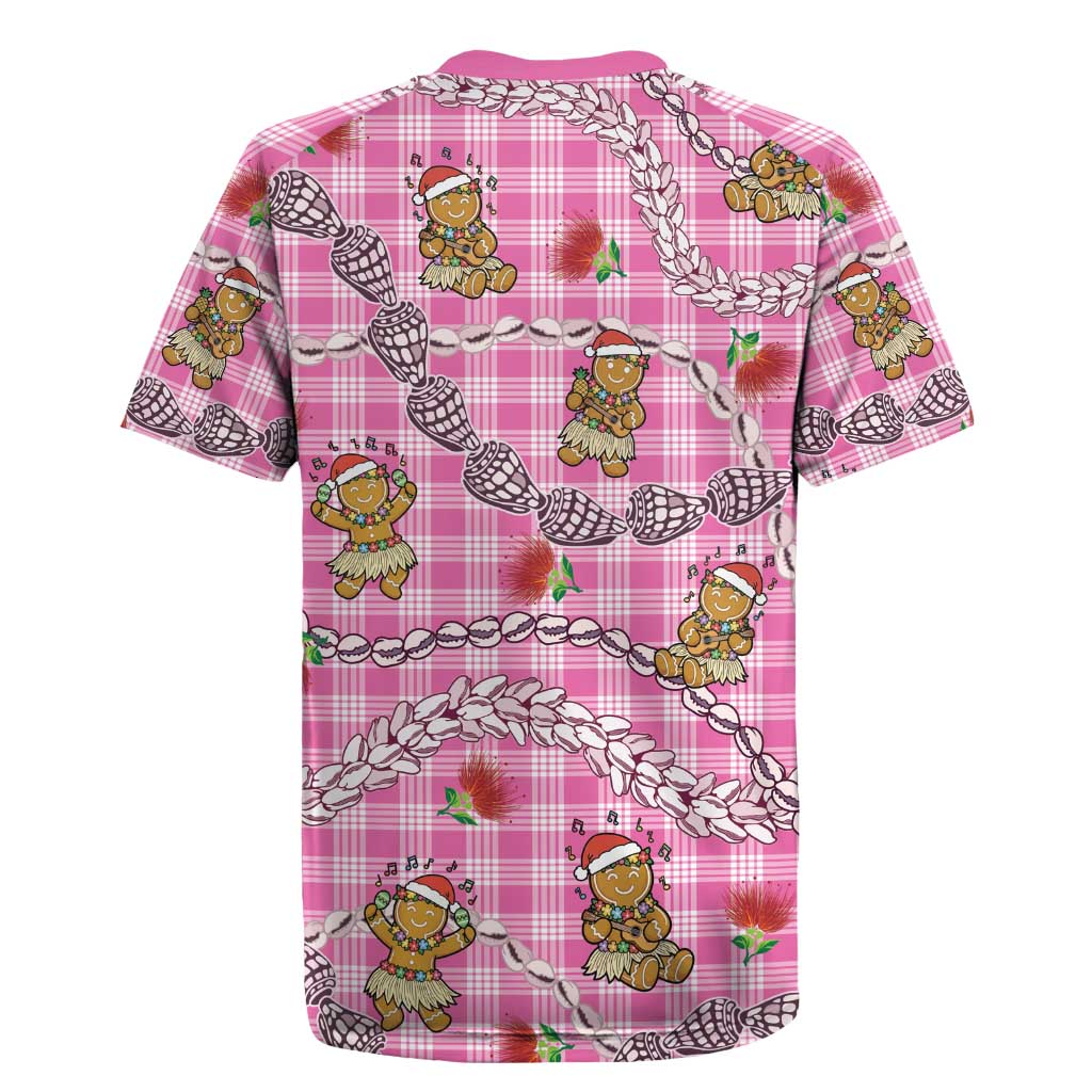 Pink Palaka Hawaii Mele Kalikimaka Rugby Jersey Ohia Lehua Shell Leis Funny Gingerbread Santa - Polynesian Pride
