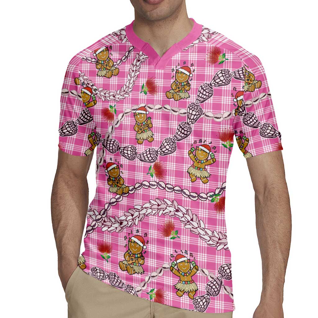 Pink Palaka Hawaii Mele Kalikimaka Rugby Jersey Ohia Lehua Shell Leis Funny Gingerbread Santa - Polynesian Pride