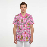 Pink Palaka Hawaii Mele Kalikimaka Scrub Top Ohia Lehua Shell Leis Funny Gingerbread Santa - Polynesian Pride