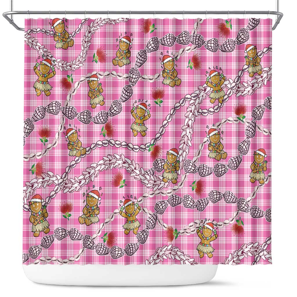 Pink Palaka Hawaii Mele Kalikimaka Shower Curtain Ohia Lehua Shell Leis Funny Gingerbread Santa - Polynesian Pride
